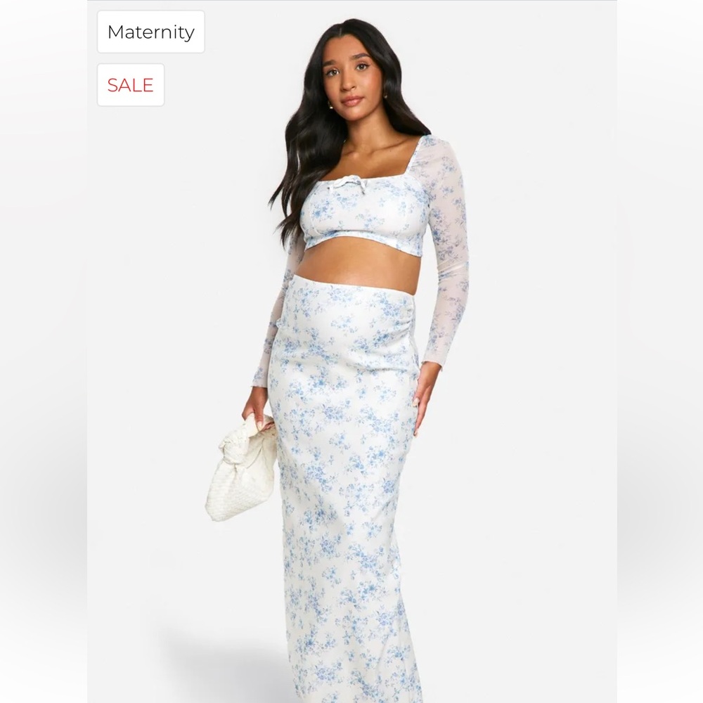 NWOT Maternity Porcelain Print Bengaline
Tie Front Blouse And Maxi Skirt Co-ord